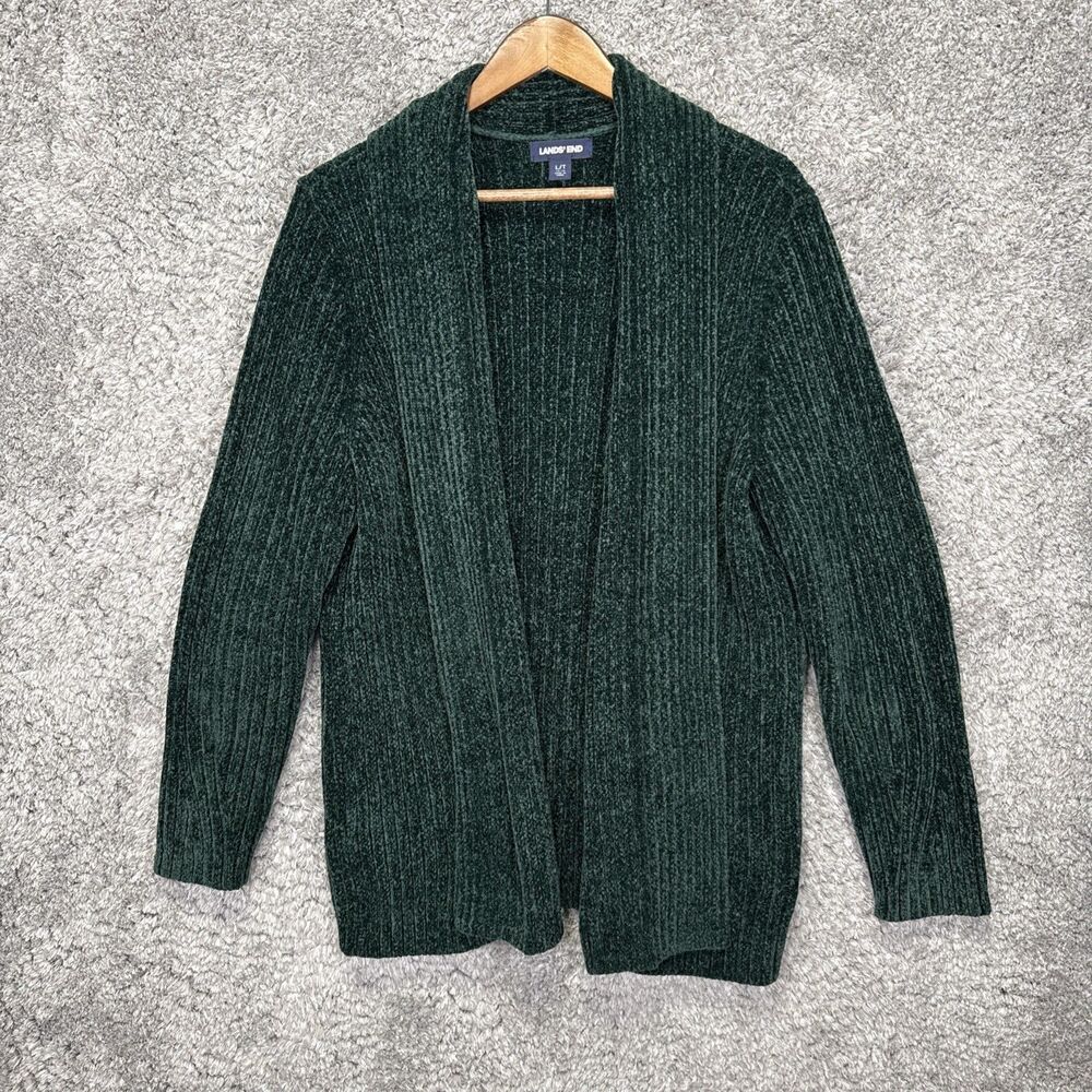 Lands End Chenille Emerald Green Ribbed Knit Open Cardigan Sweater Large Tall